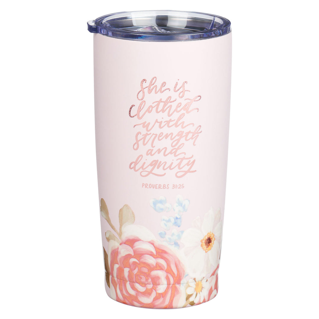 She Is Clothed with Strength and Dignity Pink Stainless Steel Travel Mug