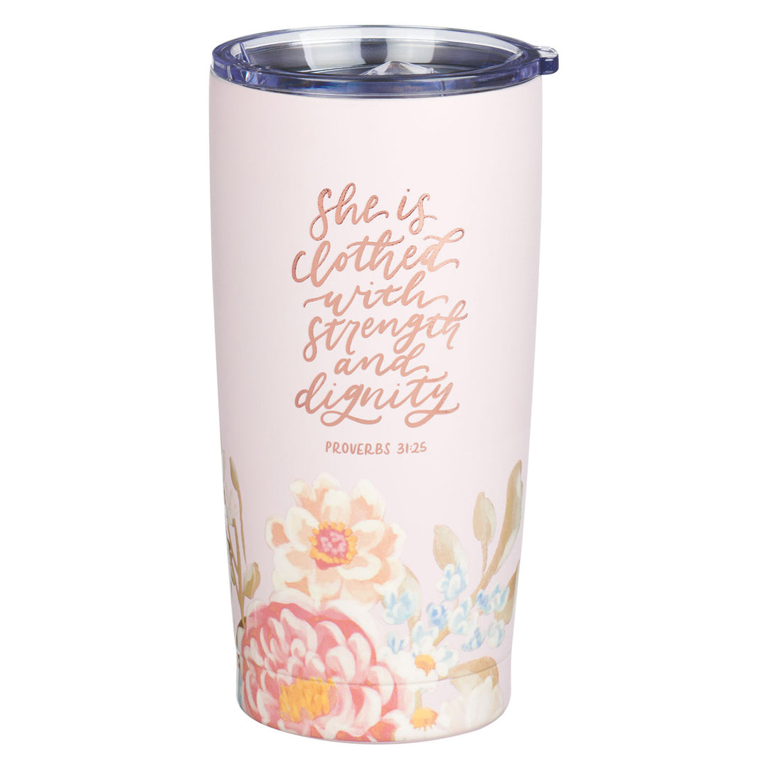 She Is Clothed with Strength and Dignity Pink Stainless Steel Travel Mug