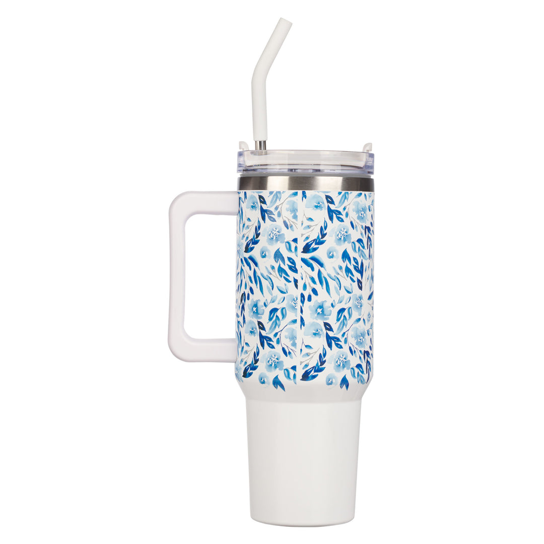 Trust in the Lord White and Blue Floral Large Stainless Steel Mug with Handle and Straw