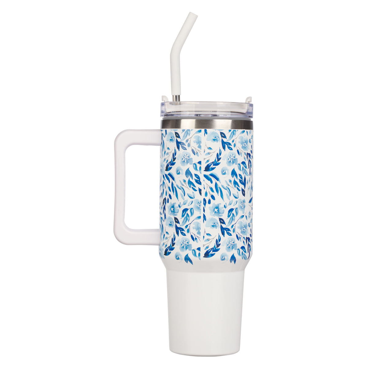 Travel Mug - Trust in the Lord (Stainless Steel, White & Blue Floral, Large)