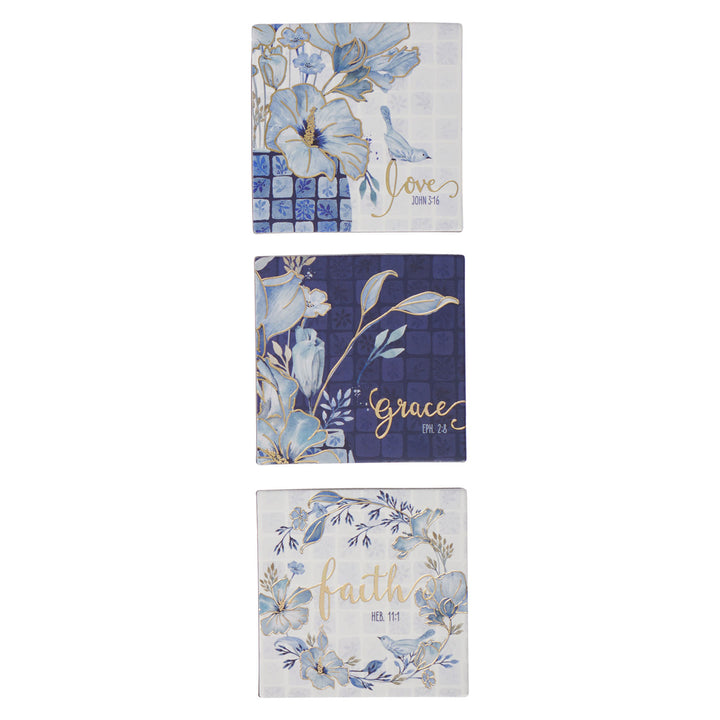 Love Grace Faith Blue Floral Three-Piece Magnetic Set