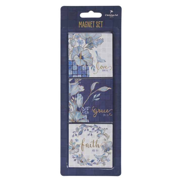 Love Grace Faith Blue Floral Three-Piece Magnetic Set