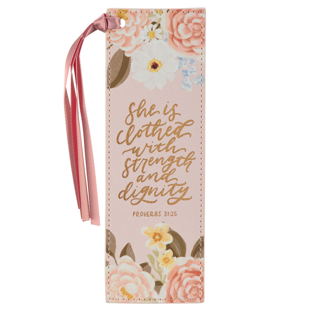 She Is Clothed with Strength and Dignity Pink Faux Leather Bookmark