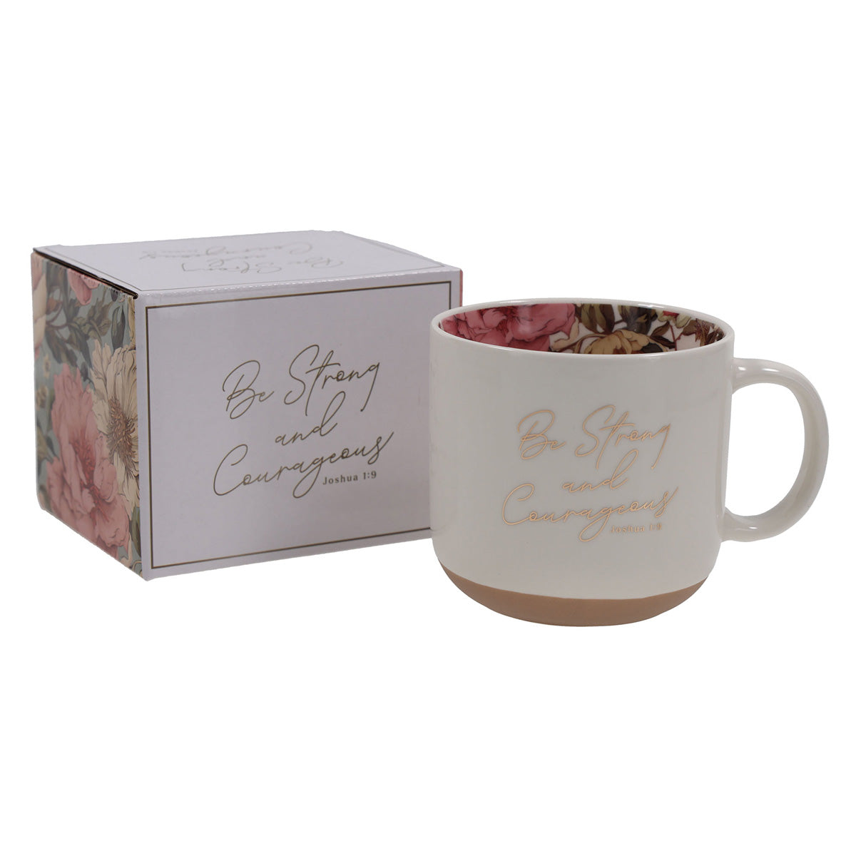 Be Strong and Courageous White Ceramic Mug with Floral Interior