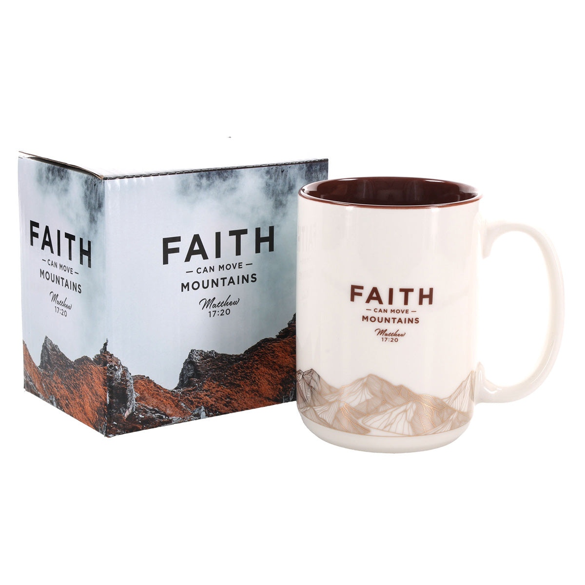 Faith Can Move Mountains White Ceramic Mug with Brown Interior