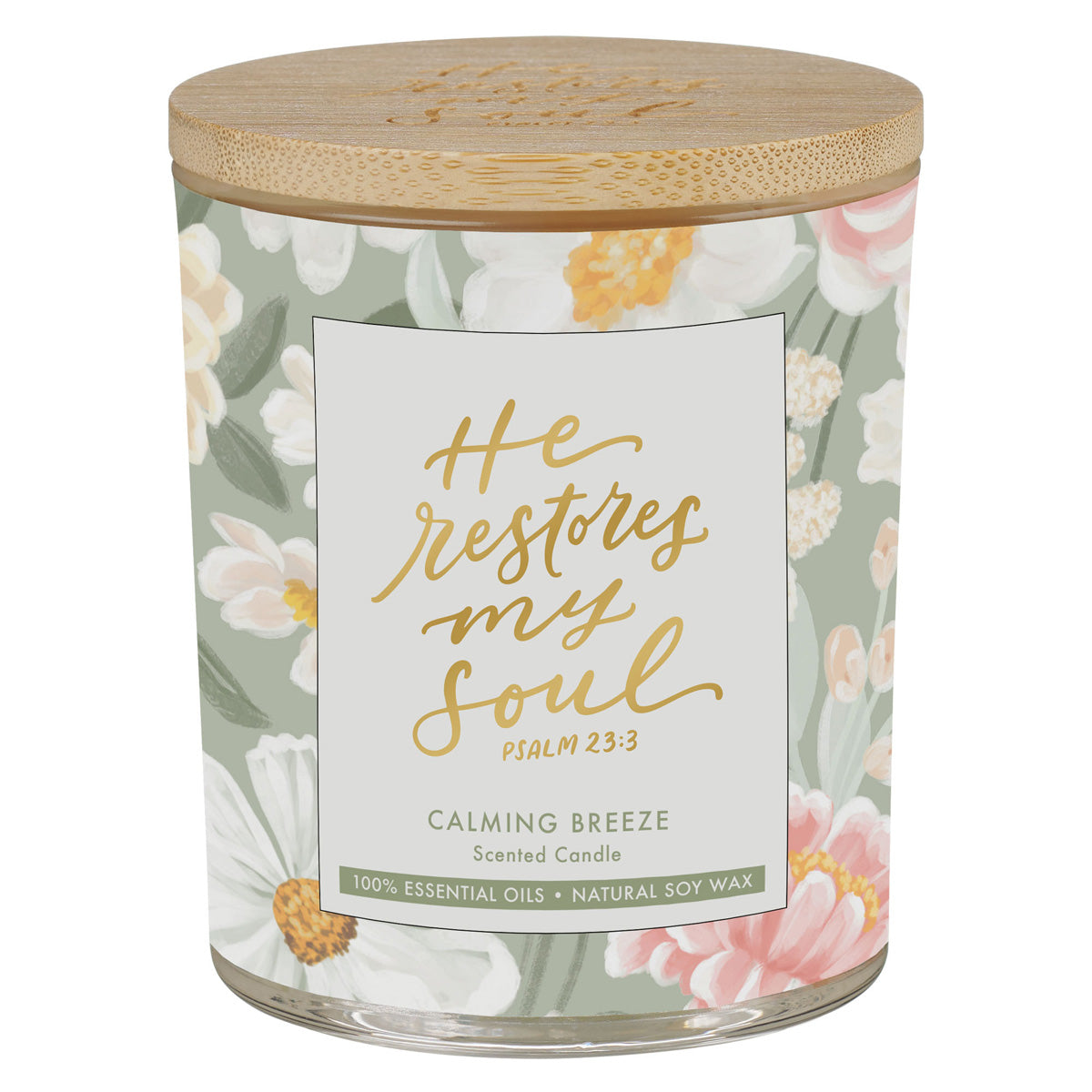 He Restores My Soul Calming Breeze Scented Candle with Bamboo Lid