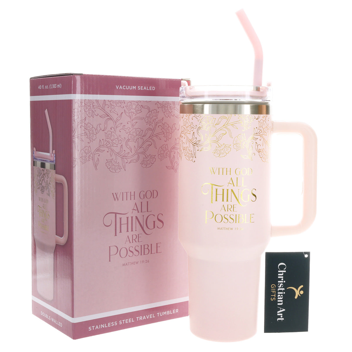With God All Things Are Possible Pink Large Stainless Steel Mug with Handle and Straw