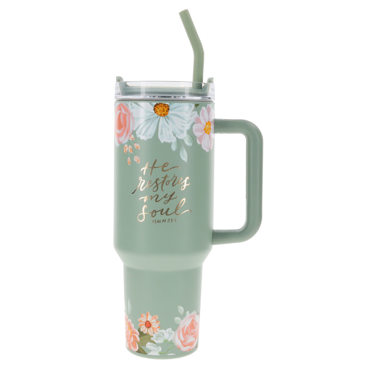 He Restores My Soul Large Stainless Steel Mug with Handle and Straw