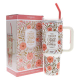 Those Who Trust in the Lord Coral Floral Large Stainless Steel Mug with Handle and Straw