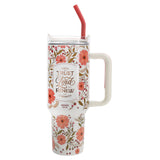 Those Who Trust in the Lord Coral Floral Large Stainless Steel Mug with Handle and Straw