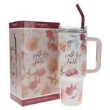 Walk by Faith White Floral Large Stainless Steel Mug with Handle and Straw