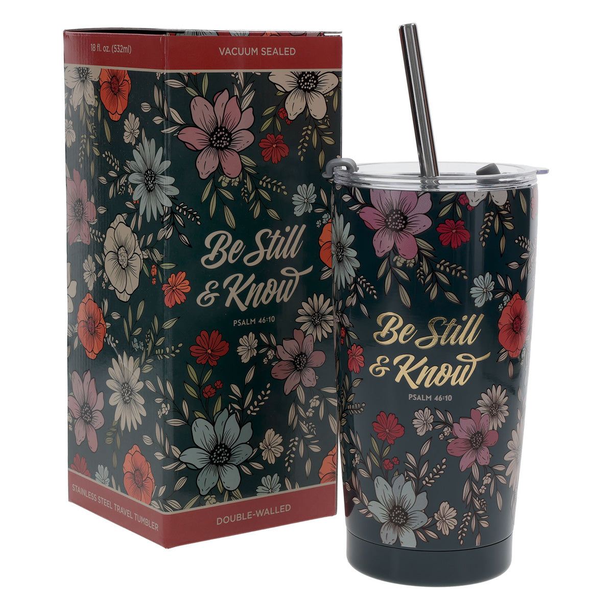 Travel Mug - Be Still and Know (Stainless Steel, Teal Floral, with Straw)