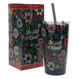 Travel Mug - Be Still and Know (Stainless Steel, Teal Floral, with Straw)