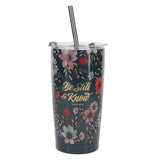 Travel Mug - Be Still and Know (Stainless Steel, Teal Floral, with Straw)