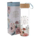 For God Has Not Given Us a Spirit of Fear Floral Glass Water Bottle with Bamboo Lid
