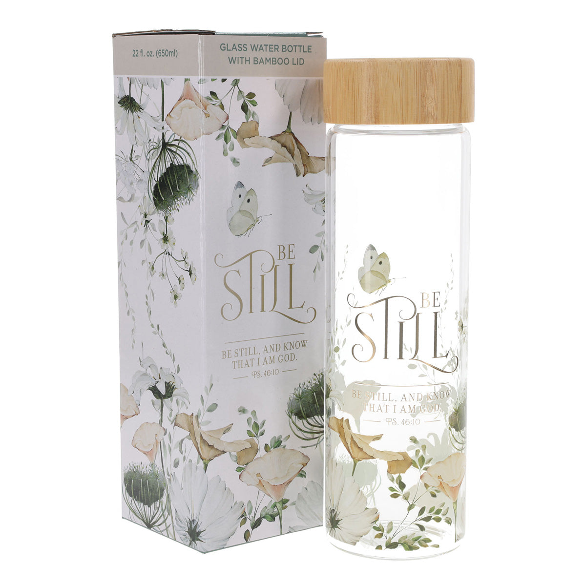 Be Still and Know That I Am God Glass Water Bottle with Bamboo Lid