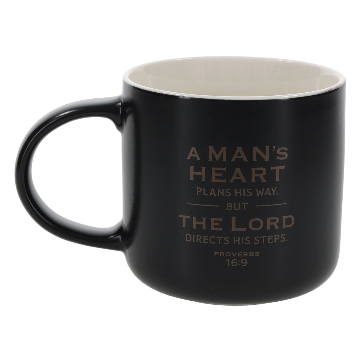 A Man's Heart Plans His Way But the Lord Directs His Steps Black Ceramic Mug