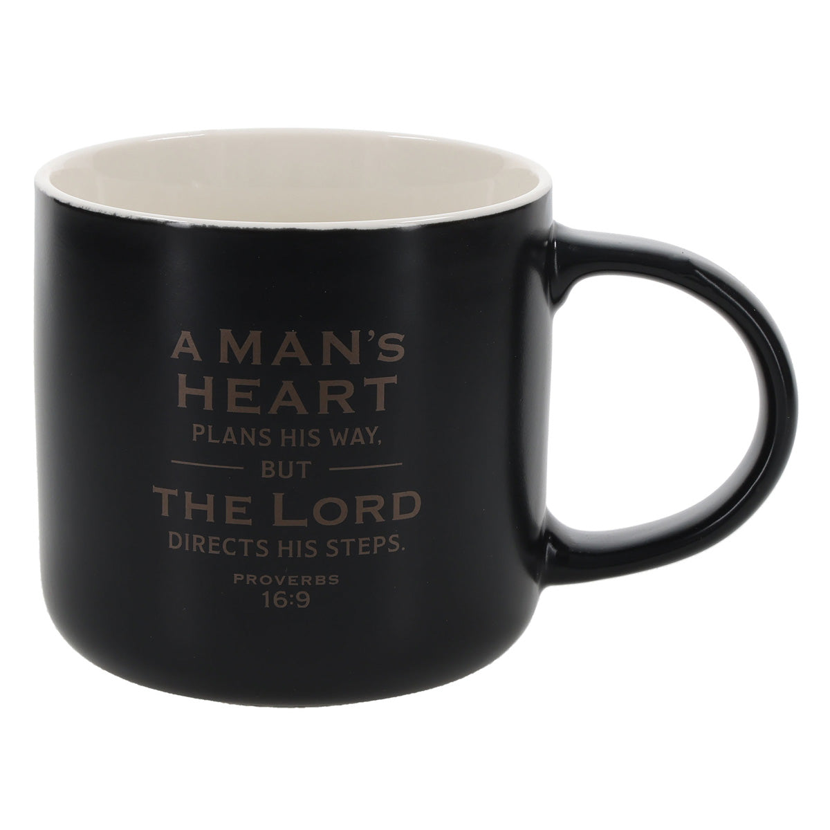 A Man's Heart Plans His Way But the Lord Directs His Steps Black Ceramic Mug