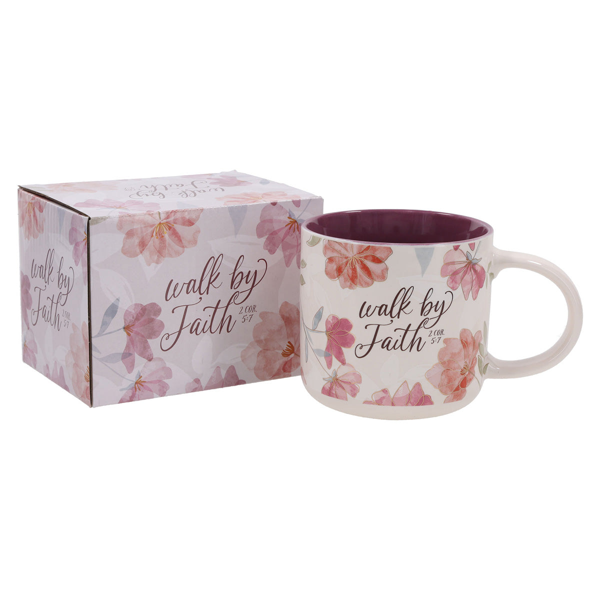Walk by Faith White Floral Ceramic Mug with Dark Mauve Interior