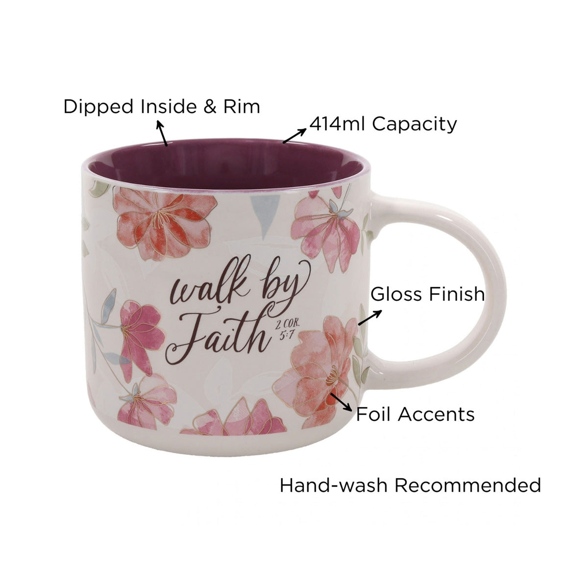 Walk by Faith White Floral Ceramic Mug with Dark Mauve Interior