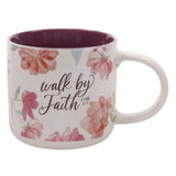 Walk by Faith White Floral Ceramic Mug with Dark Mauve Interior