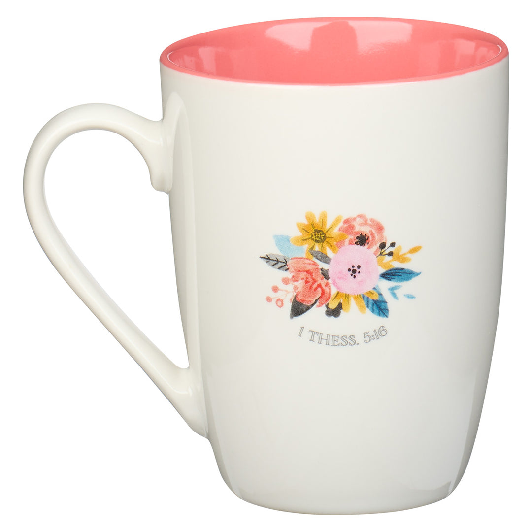 Be Joyful Always Rainbow & Flowers Pink Interior Ceramic Mug
