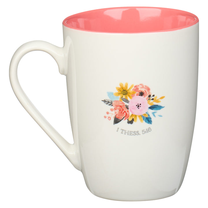 Be Joyful Always Rainbow & Flowers Pink Interior Ceramic Mug