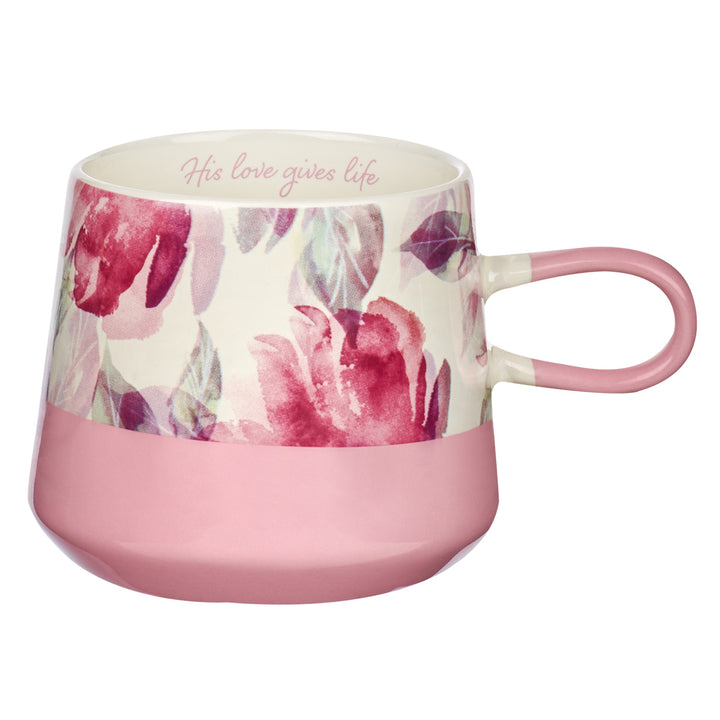 His Love Gives Life Floral Light Pink Double Mold Ceramic Mug