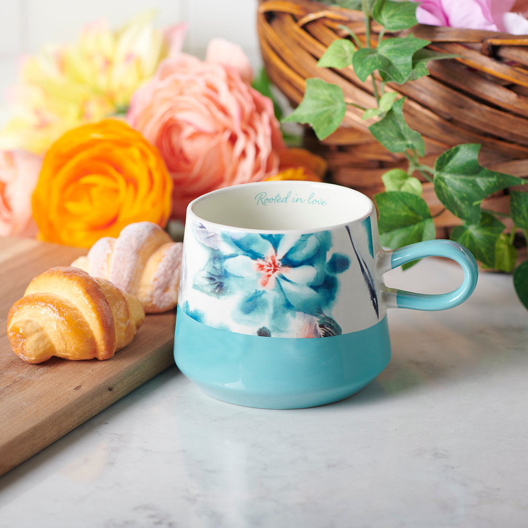 Rooted In Love Floral Teal Flower Double Mold Ceramic Mug