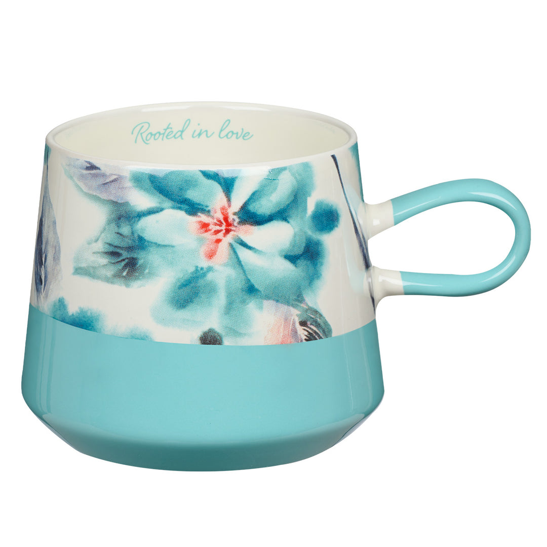 Rooted In Love Floral Teal Flower Double Mold Ceramic Mug