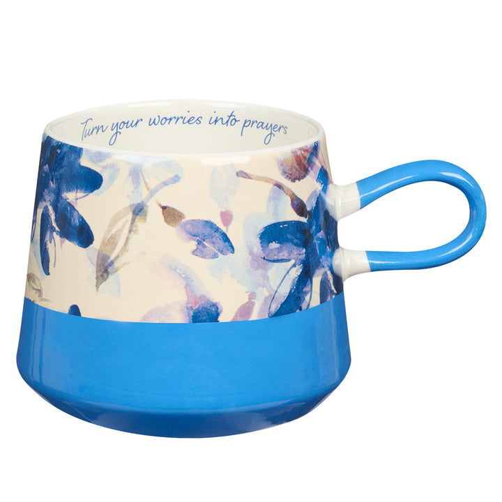 Turn Your Worries Into Prayers Floral Dark Blue Double Mold Ceramic Mug