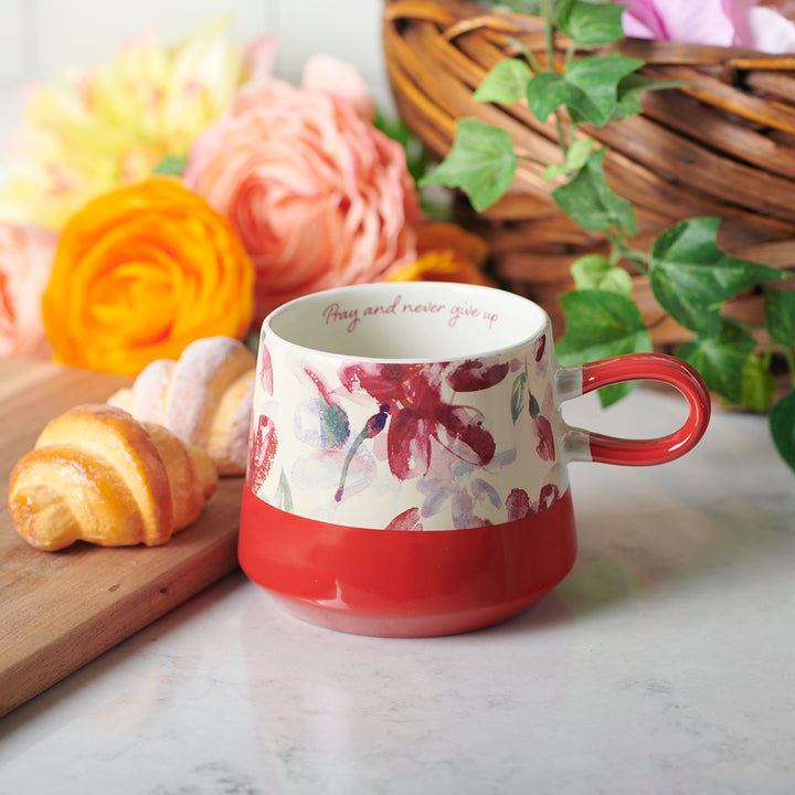 Pray And Never Give Up Floral Red Double Mold Ceramic Mug