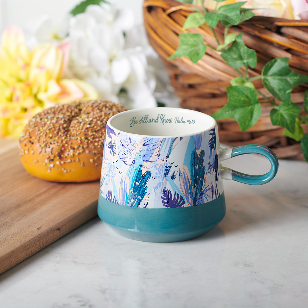 Be Still And Know Floral Teal Double Mold Ceramic Mug - Psalm 46:10