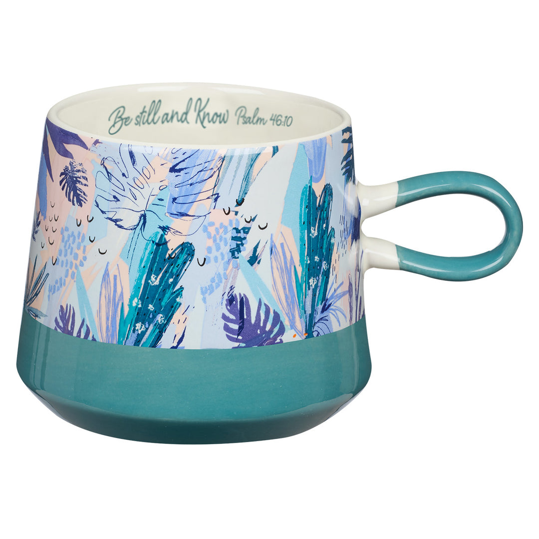 Be Still And Know Floral Teal Double Mold Ceramic Mug - Psalm 46:10