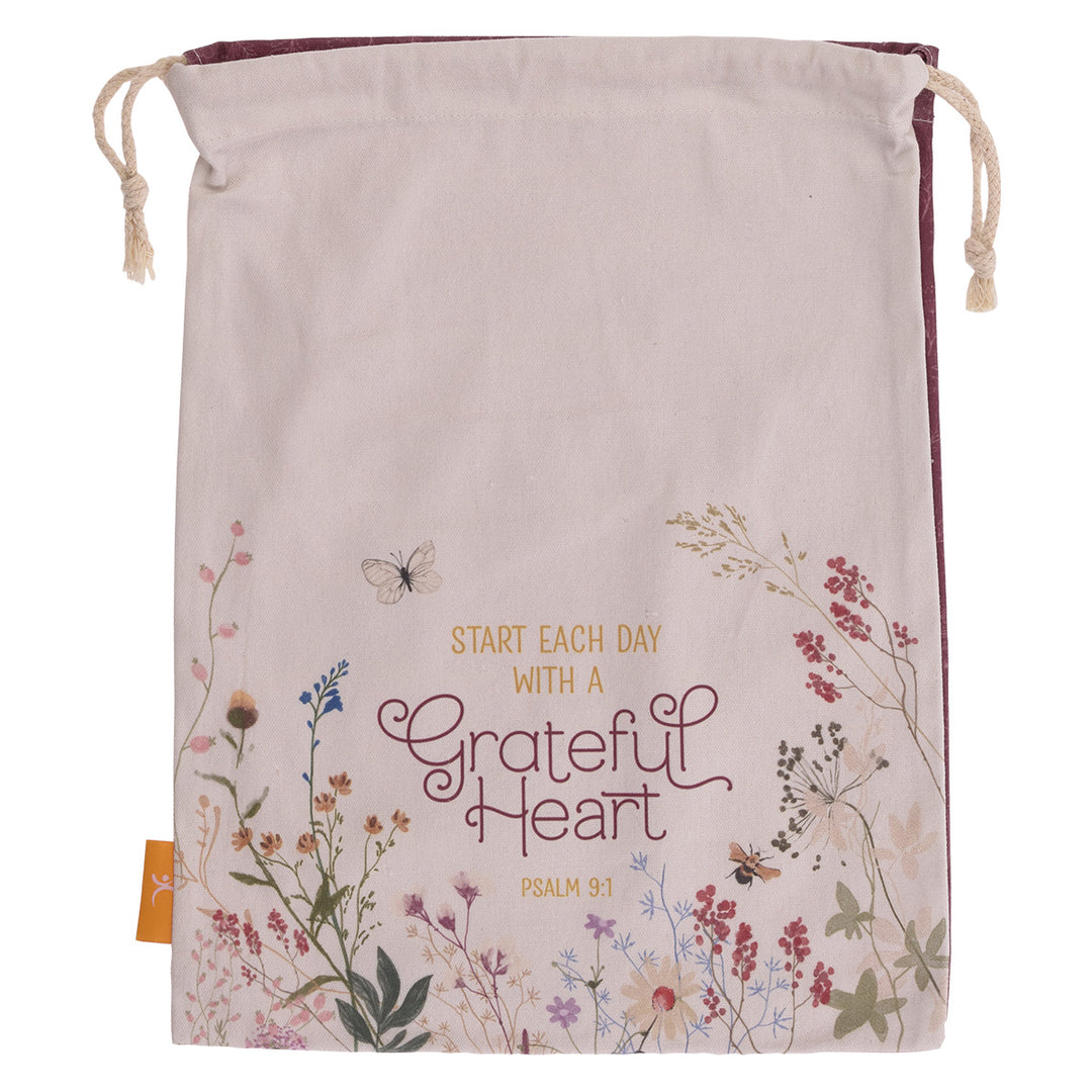Start Each Day With A Grateful Heart Large Cotton Drawstring Bag - Psalm 9:1