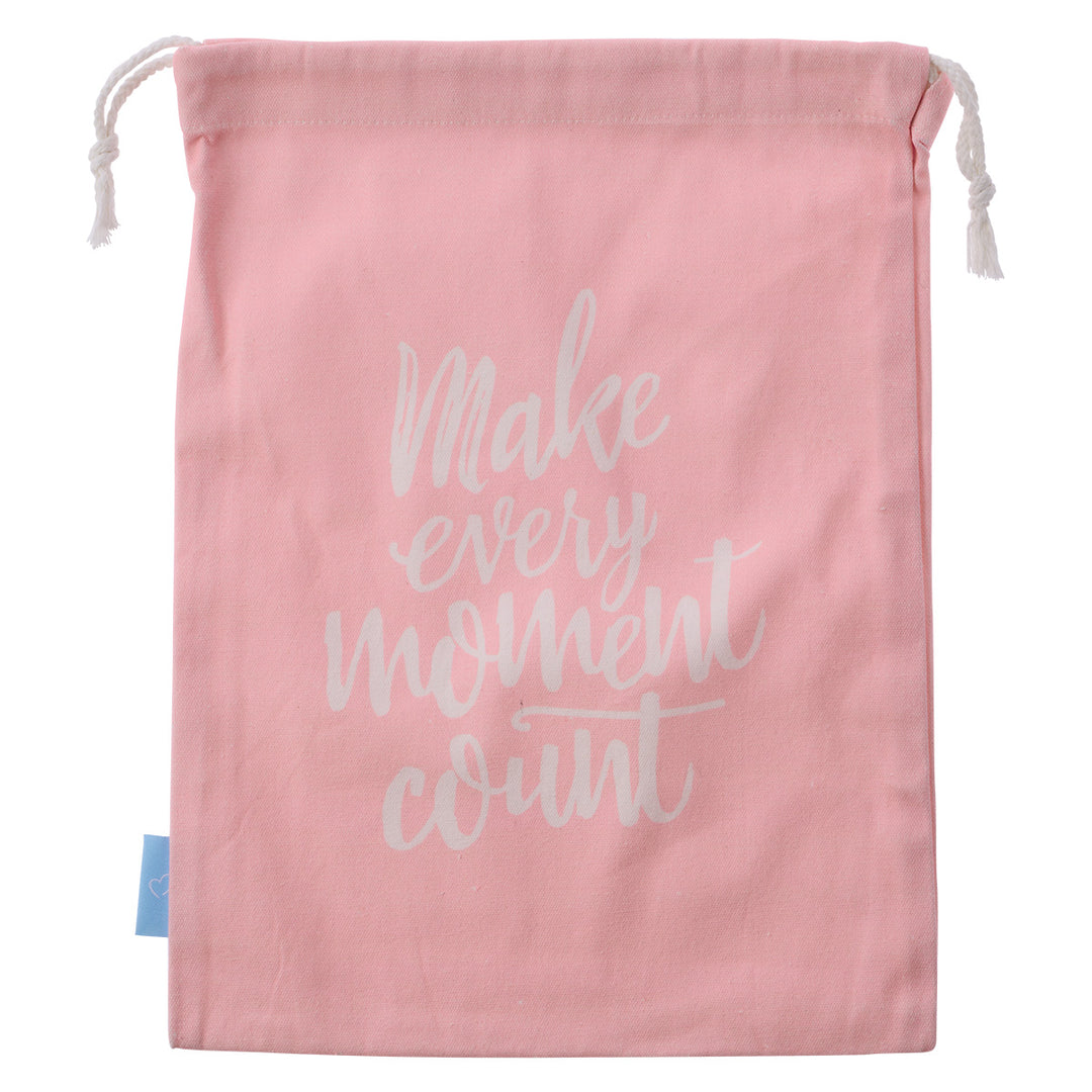 Make Every Moment Count Large Pink Cotton Drawstring Bag