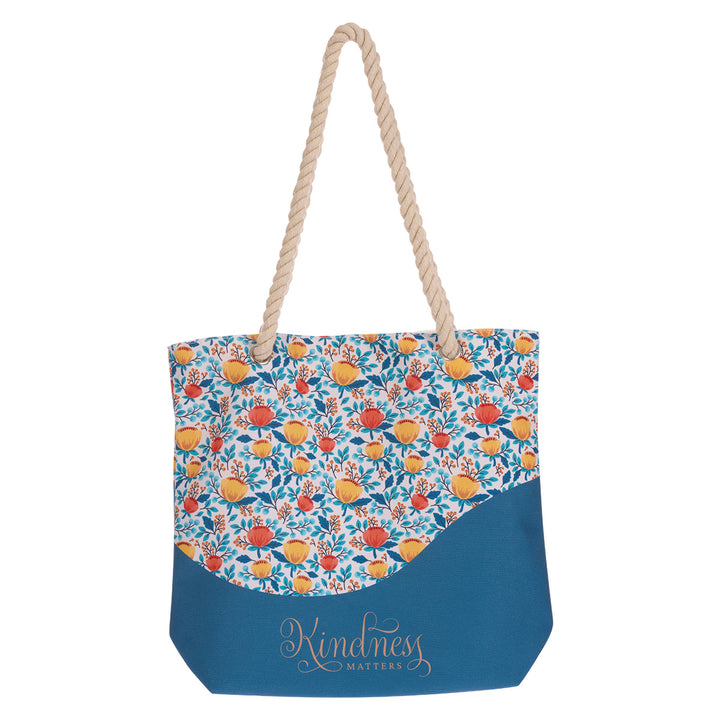 Kindness Matters Teal With Flowers Canvas Tote Bag