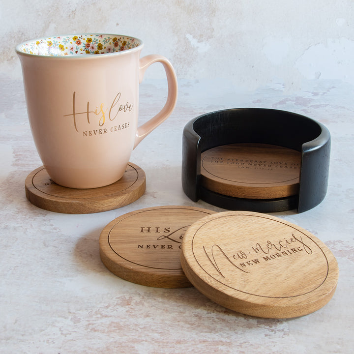 His Love Never Ceases 4-Piece Acacia Coaster Set