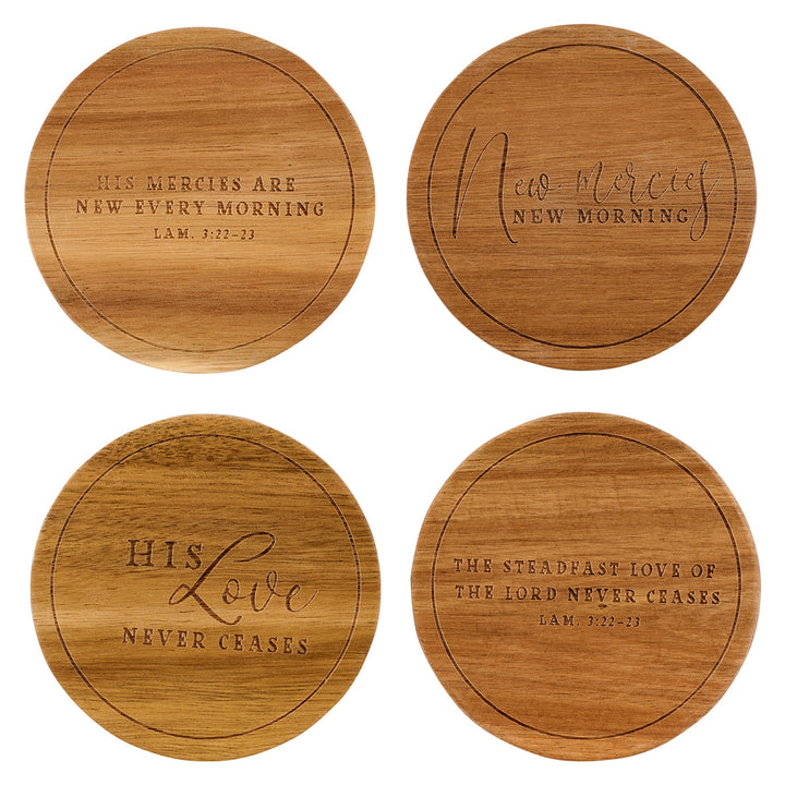 His Love Never Ceases 4-Piece Acacia Coaster Set