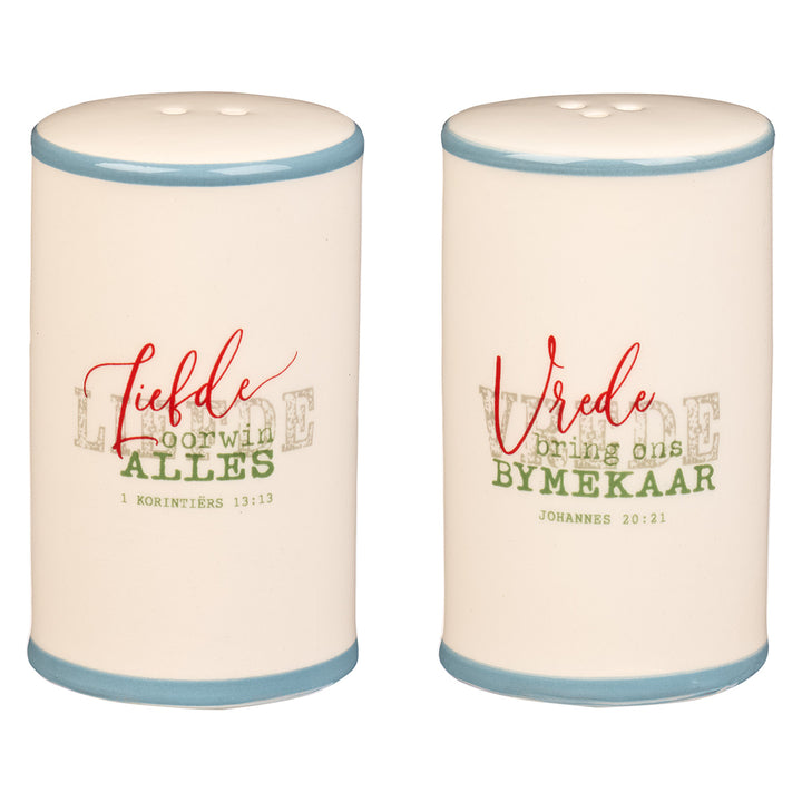 Liefde En Vrede Salt And Pepper Set - 1 Kor. 13:13, Joh. 20:21