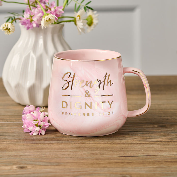 Strength & Dignity Pink Marbled Ceramic Mug - Proverbs 31:25