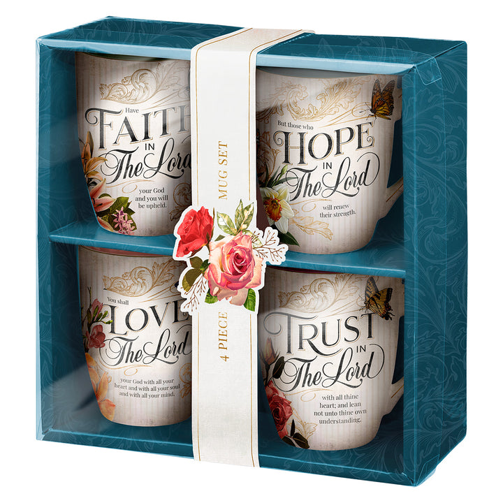 Faith, Trust, Hope, Love Floral Four Peace Ceramic Mug Set