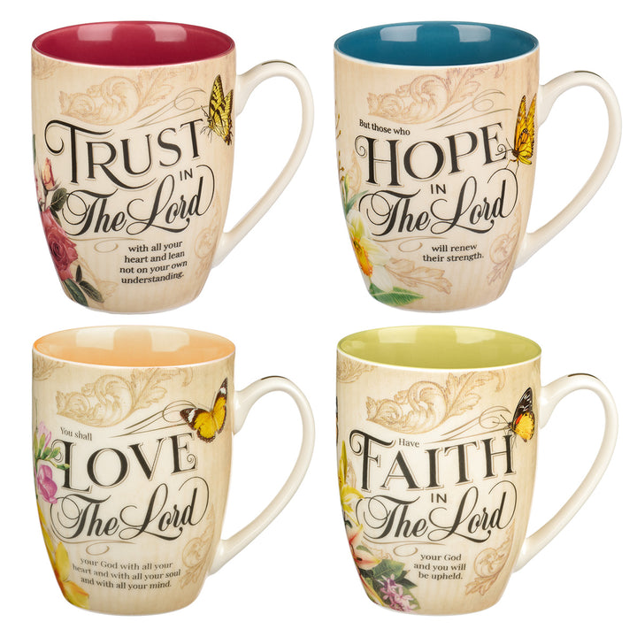 Faith, Trust, Hope, Love Floral Four Peace Ceramic Mug Set