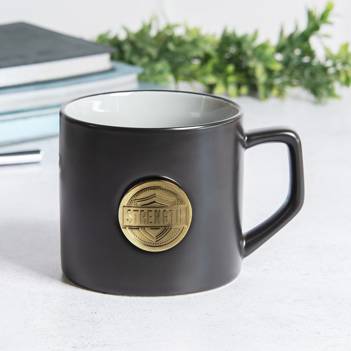 Strength Ceramic Mug With Metal Badge - Psalms 28:7