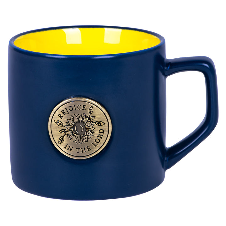 Rejoice In The Lord Ceramic Mug With Metal Badge - Philippians 4:4