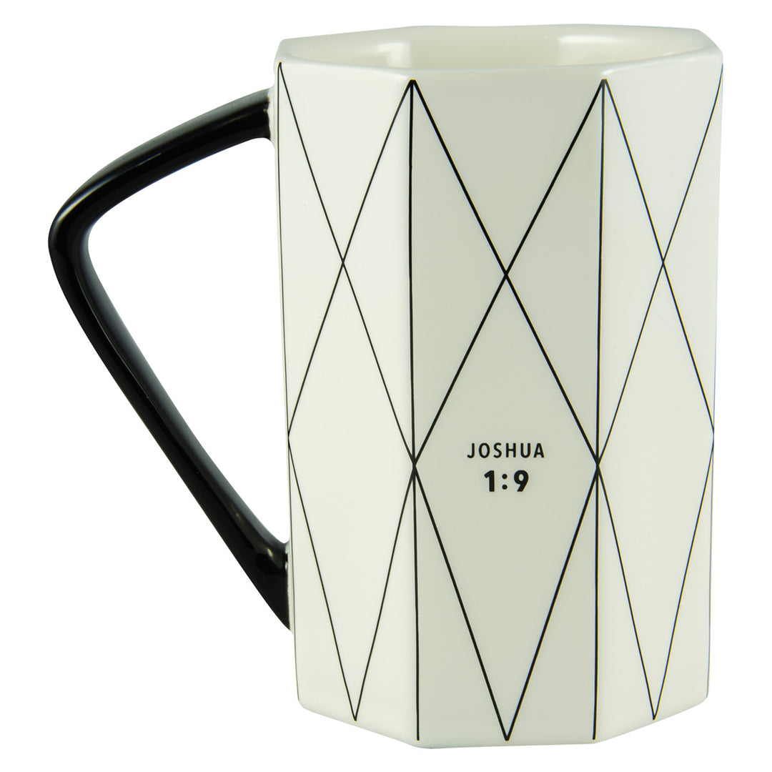 Courage Geometrical White And Black Ceramic Mug - Joshua 1:9