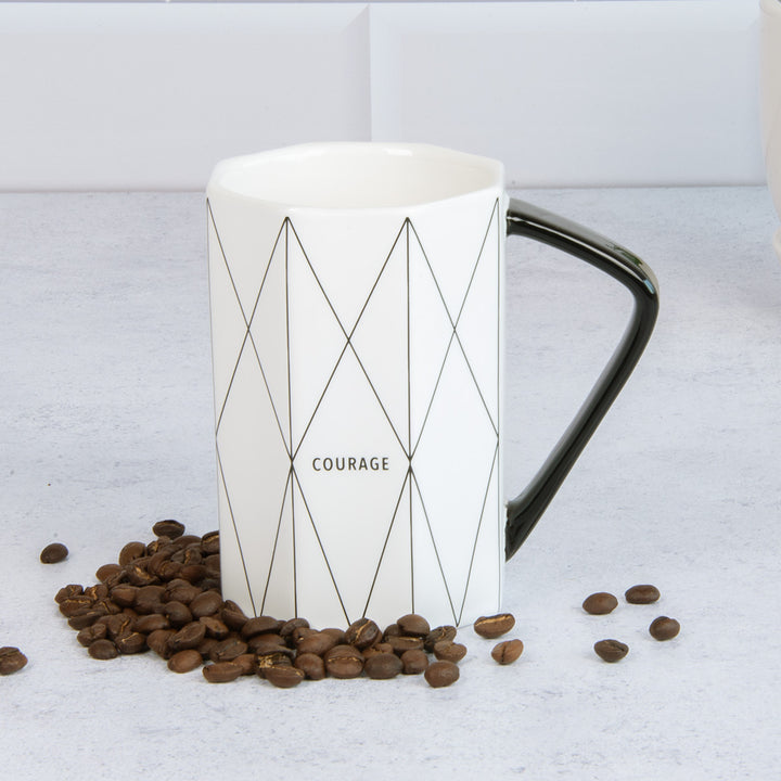 Courage Geometrical White And Black Ceramic Mug - Joshua 1:9