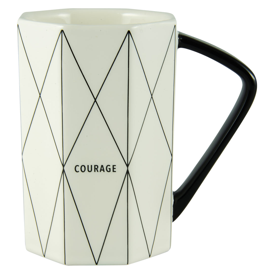 Courage Geometrical White And Black Ceramic Mug - Joshua 1:9