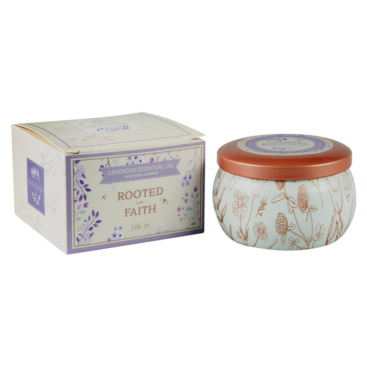 Rooted In Faith Lavender Essential Oil Scented Candle In Tin - Colossians 2:7