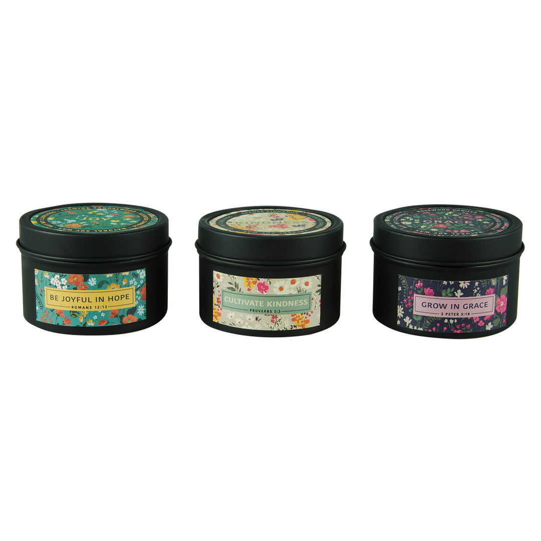 Joy, Kindness, Grace Black And Floral Set Of 3 Scented Candles In Tins